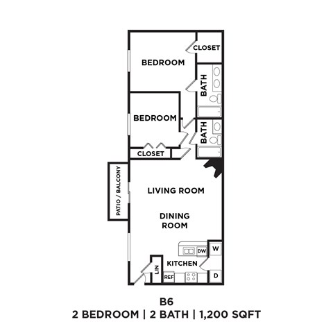 A floor plan of a 2 bedroom apartment with 2 bathrooms and a living area.